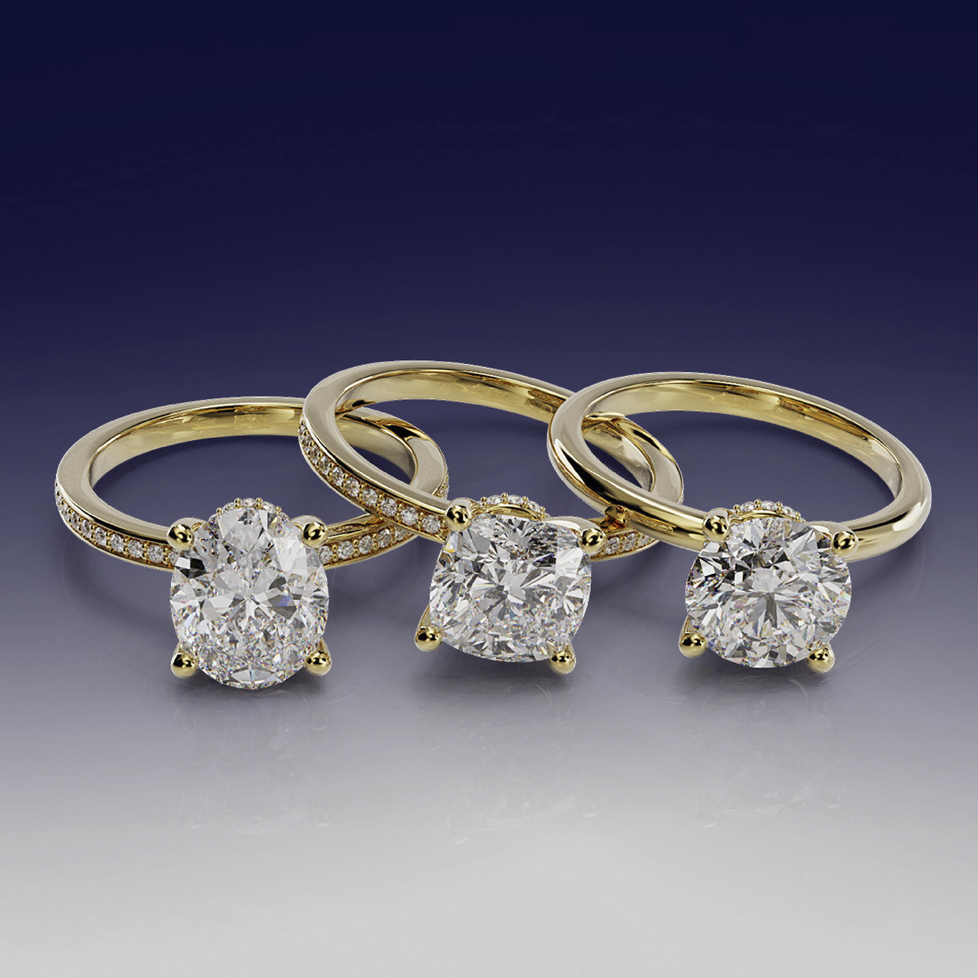 Three Yellow Gold Pavé Engagement Rings