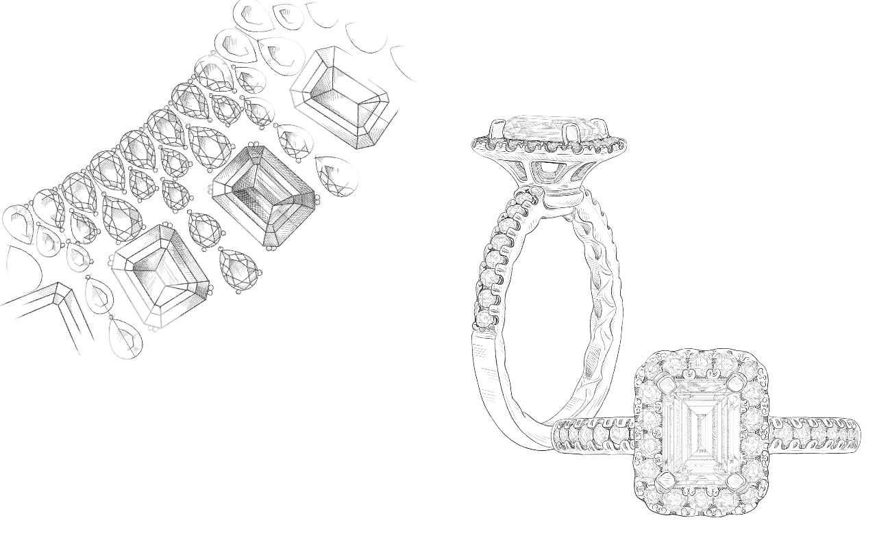 A sketch of diamond jewelry, including two rings and a necklace.