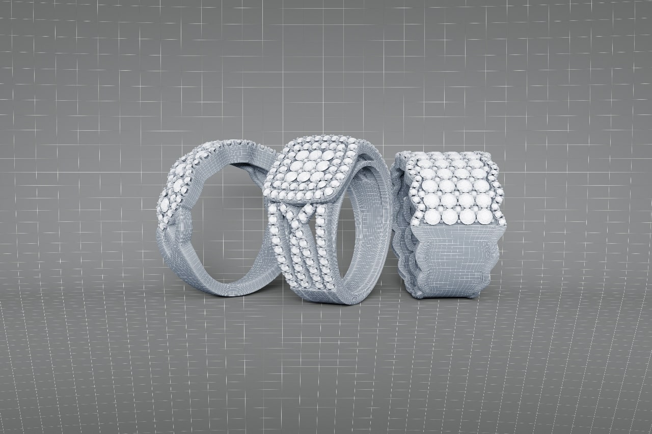 A 3D scan of three different diamond ring concepts. A 3D scan of three different diamond ring concepts.
